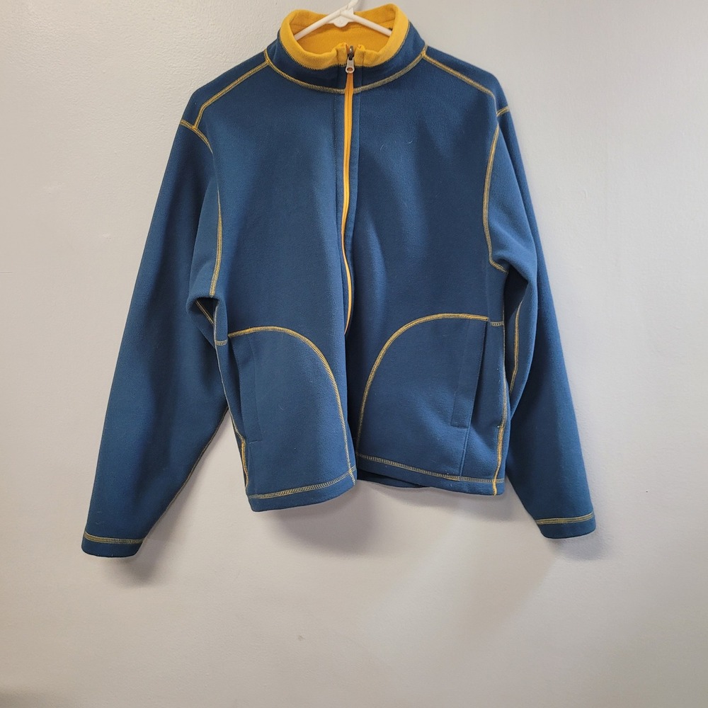 LL Bean Reversible Fleece Jacket Womens Medium Blue Yellow Full Zip‎ YT49-REG